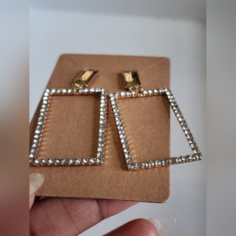 Gold And Silver Rectangular Dangling Earrings - image 4
